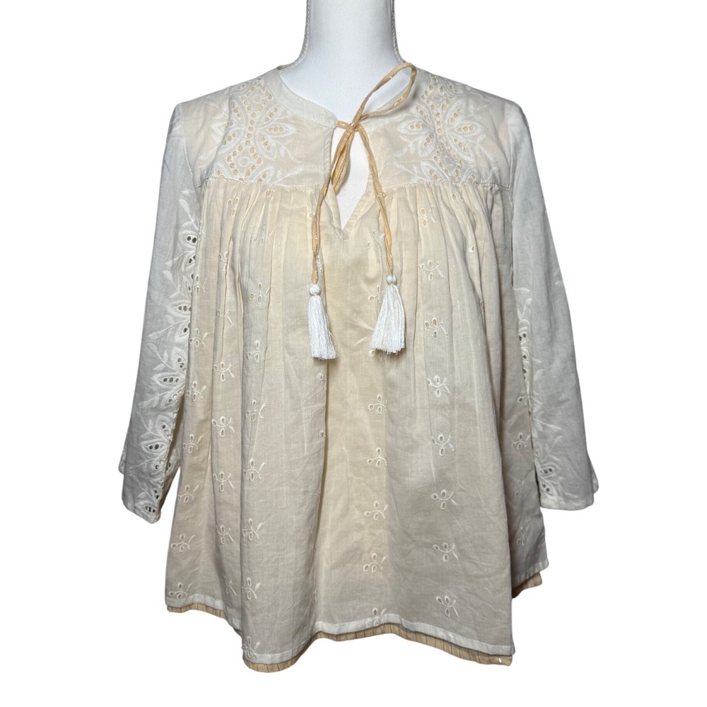 Shabby Chic Eyelet Peasant Blouse Small Cream Tassel Boho Metallic Lurex Top
